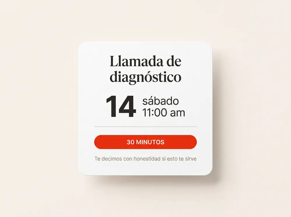 Tarjeta de calendario con una llamada de diagnóstico agendada el sábado a las 11:00 am, de 30 minutos